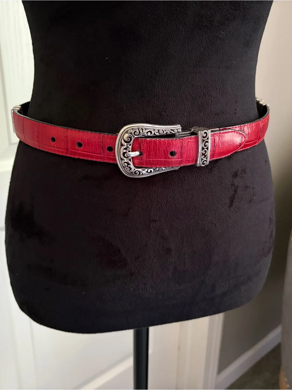 Brighton Red Croc-Embossed Leather Belt with Ornate Silver Buckle